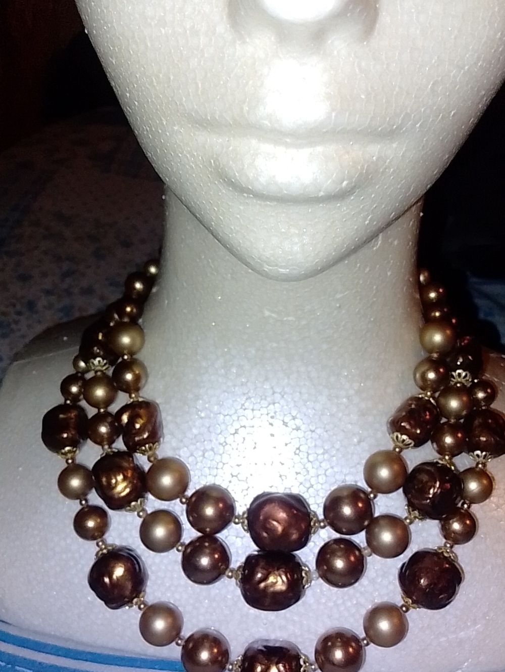 Antique Elegant Multi-Strand Brown & Gold Statement Necklace